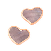 Pair of rose gold vermeil sterling silver bezel-set grey mother of pearl heart stud earrings with iridescent stone inlay and polished rose gold frame, Jan Leslie luxury women's fine jewelry.