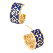 Back view pair of gold vermeil sterling silver wide-band white mother of pearl floral lattice huggie hoop earrings showing engraved gold interior floral pattern, post pin, and butterfly push-back closure, Jan Leslie.