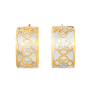 Gold vermeil sterling silver wide-band white mother of pearl floral lattice huggie hoop earrings showing engraved gold interior floral pattern, Jan Leslie