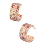 18K rose gold vermeil pink mother-of-pearl petal Seed of Life inlay wide huggie hoop earrings pair angled view showing pink taupe iridescent MOP Seed of Life inlay pattern and rose gold vermeil frame by Jan Leslie
