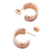 18K rose gold vermeil pink mother-of-pearl petal Seed of Life inlay wide huggie hoop earrings pair alternate angled view showing cream pink iridescent MOP Seed of Life inlay and rose gold lattice frame by Jan Leslie