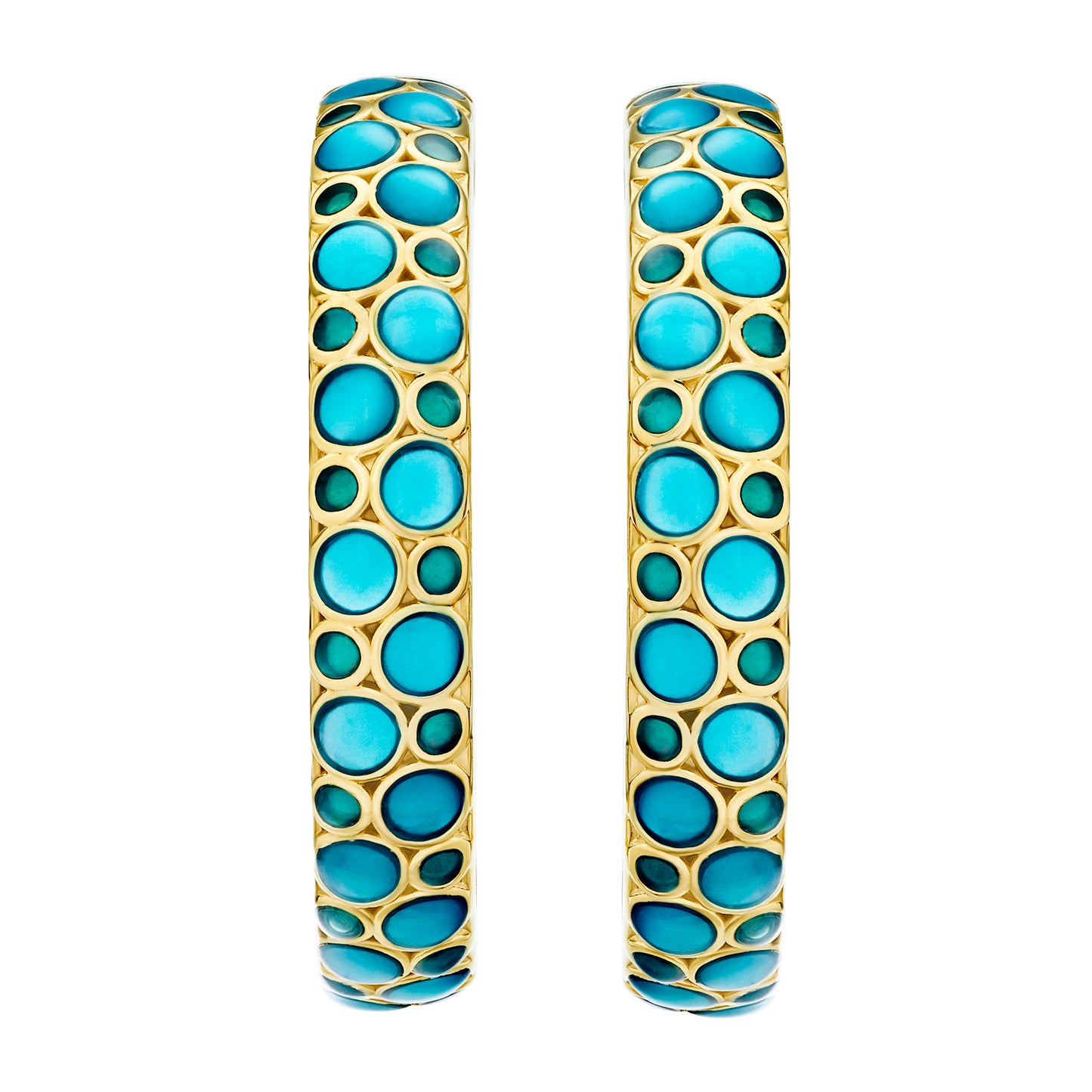 18K gold vermeil blue turquoise ombre mother-of-pearl bubble large C-hoop earrings pair angled view showing cobalt blue and turquoise ombre MOP bubble mosaic and warm gold lattice frame by Jan Leslie
