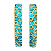 18K gold vermeil blue turquoise ombre mother-of-pearl bubble large C-hoop earrings pair angled view showing cobalt blue and turquoise ombre MOP bubble mosaic and warm gold lattice frame by Jan Leslie