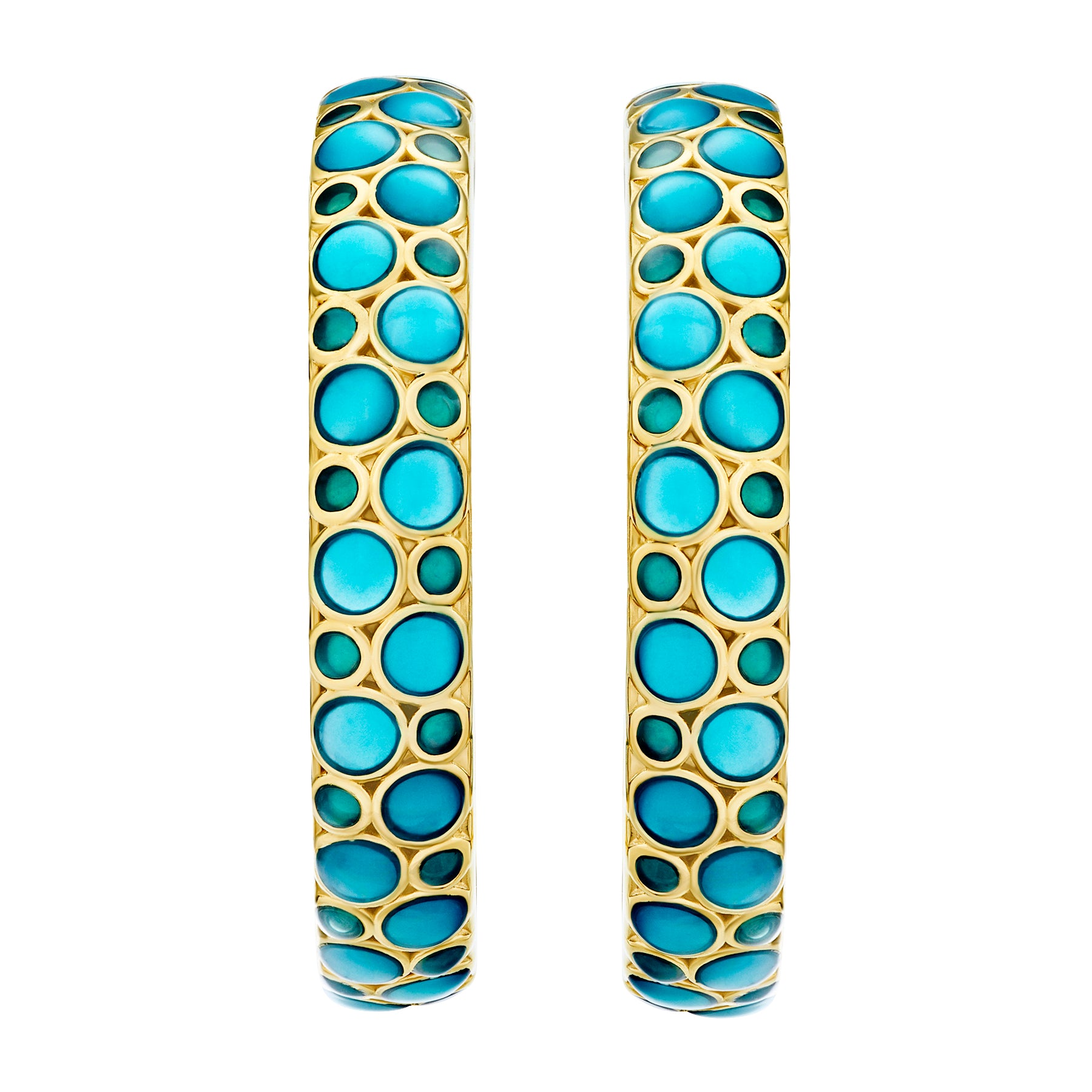 18K gold vermeil blue turquoise ombre mother-of-pearl bubble large C-hoop earrings pair angled view showing cobalt blue and turquoise ombre MOP bubble mosaic and warm gold lattice frame by Jan Leslie