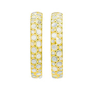  18K gold vermeil white mother-of-pearl bubble large C-hoop earrings pair angled view showing luminous white MOP bubble mosaic and warm gold lattice frame by Jan Leslie