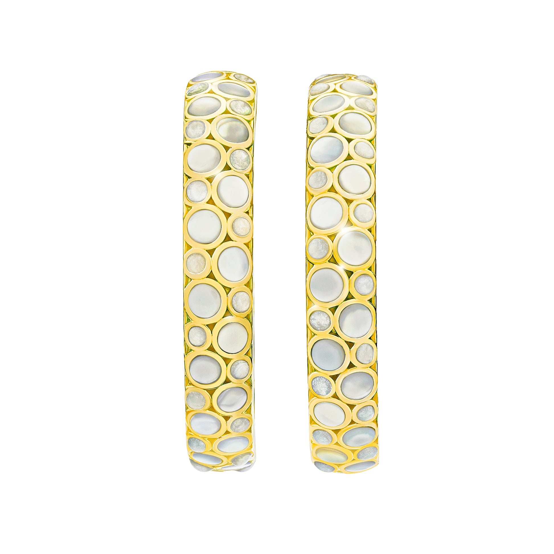  18K gold vermeil white mother-of-pearl bubble large C-hoop earrings pair angled view showing luminous white MOP bubble mosaic and warm gold lattice frame by Jan Leslie