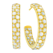 18K gold vermeil white mother-of-pearl bubble large C-hoop earrings pair alternate angled view showing full luminous white MOP bubble mosaic and warm gold lattice frame by Jan Leslie