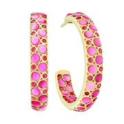 18K gold vermeil pink magenta ombre mother-of-pearl bubble large C-hoop earrings pair angled view showing vibrant pink magenta ruby ombre MOP bubble mosaic and warm gold lattice frame by Jan Leslie