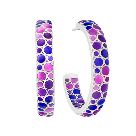Pair of large sterling silver hoop earrings covered in multi-size round purple, violet, and blue mother of pearl cabochon bubble pattern inlay