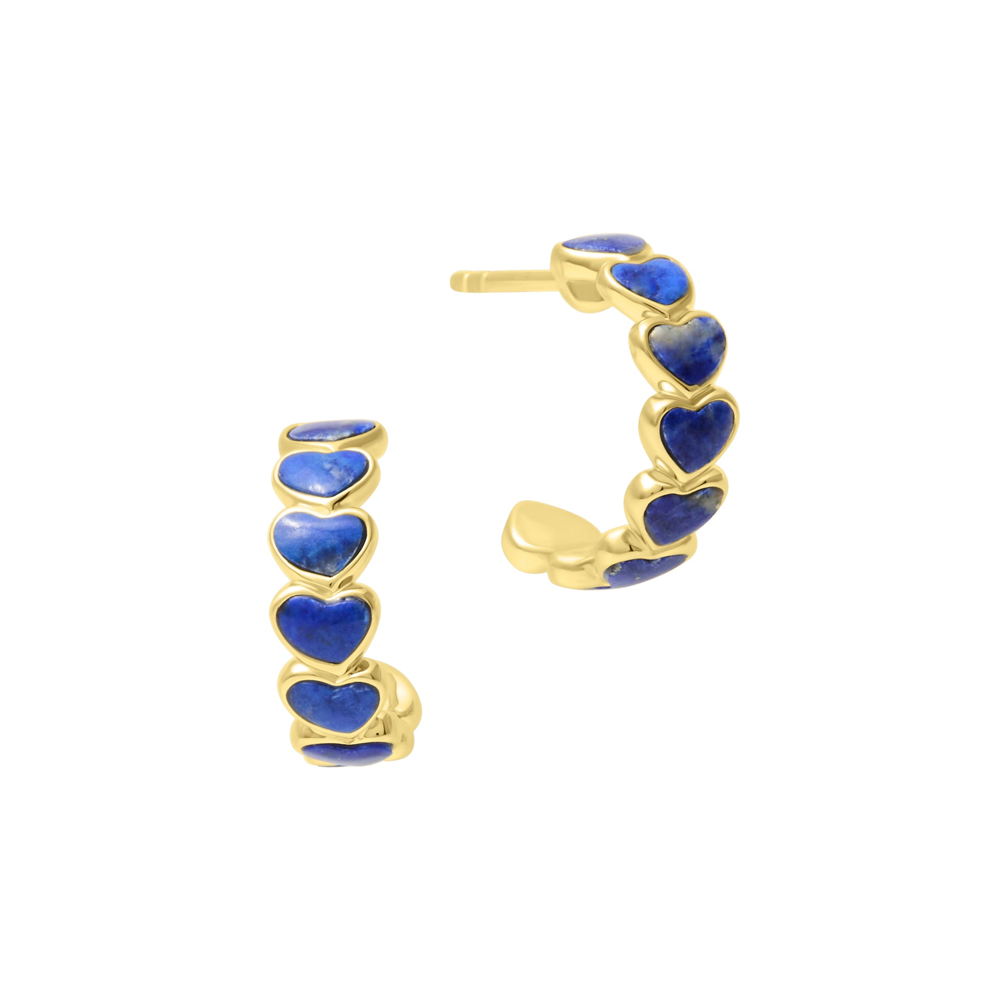 Blue Gold hoop earrings fully paved with bezel-set lapis lazuli heart stones 