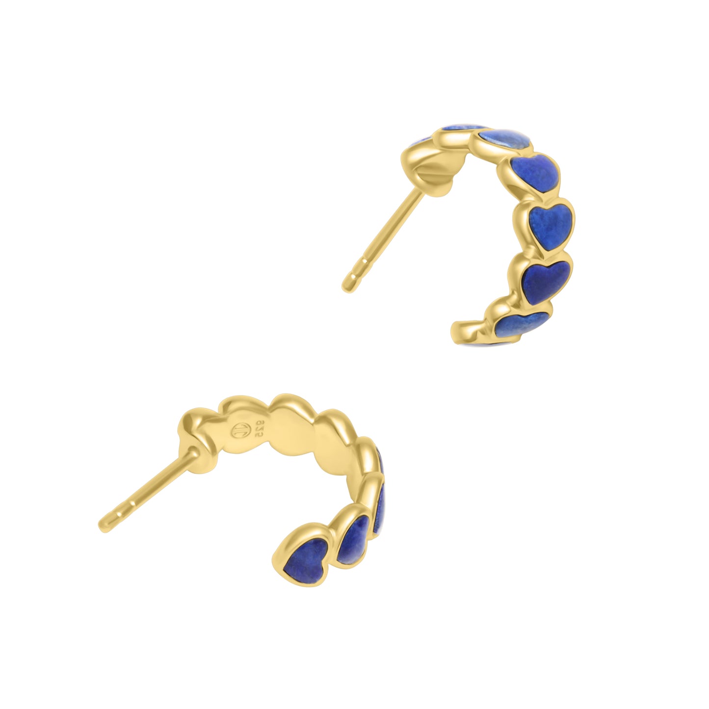Gold hoop earrings lined with bezel-set lapis lazuli hearts 