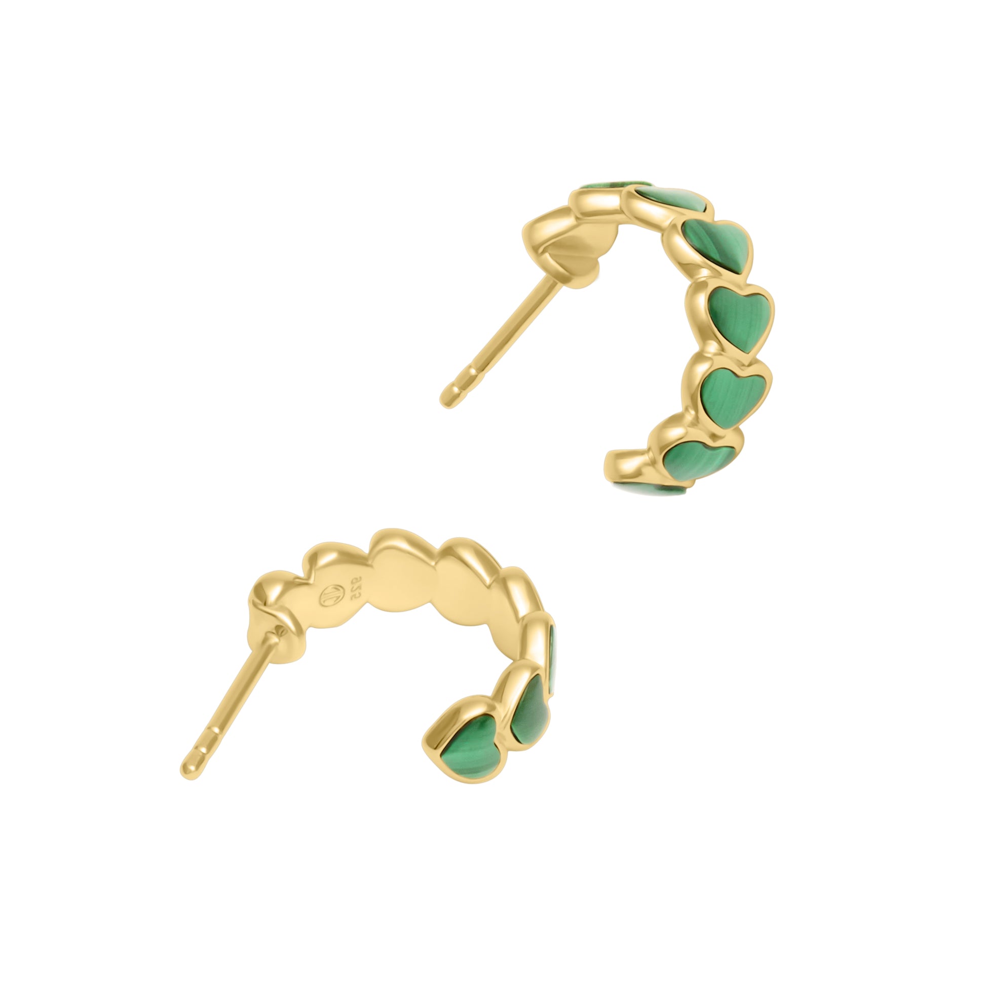 Petite malachite heart huggie hoop earrings in gold vermeil