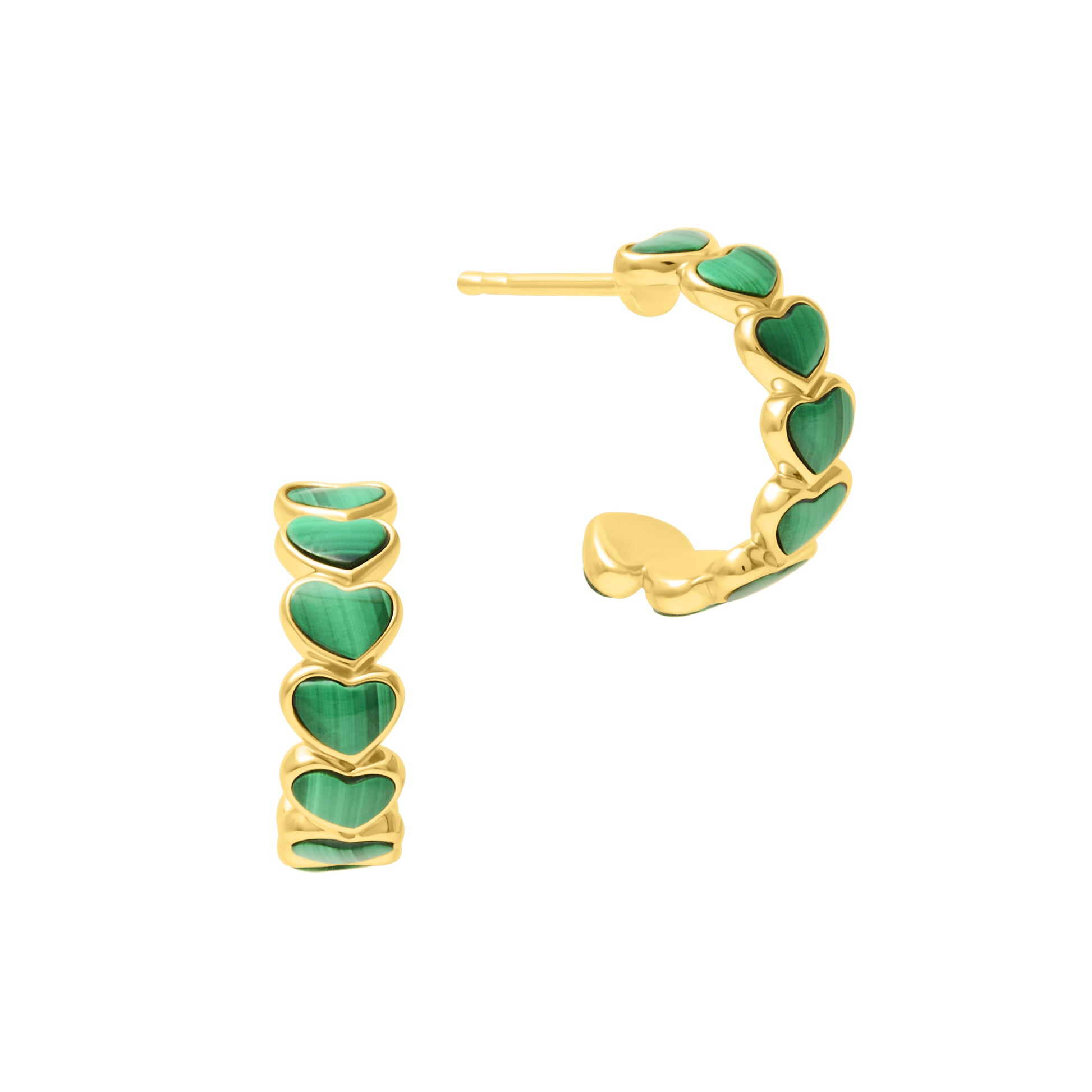 Malachite heart hoop earrings in gold vermeil