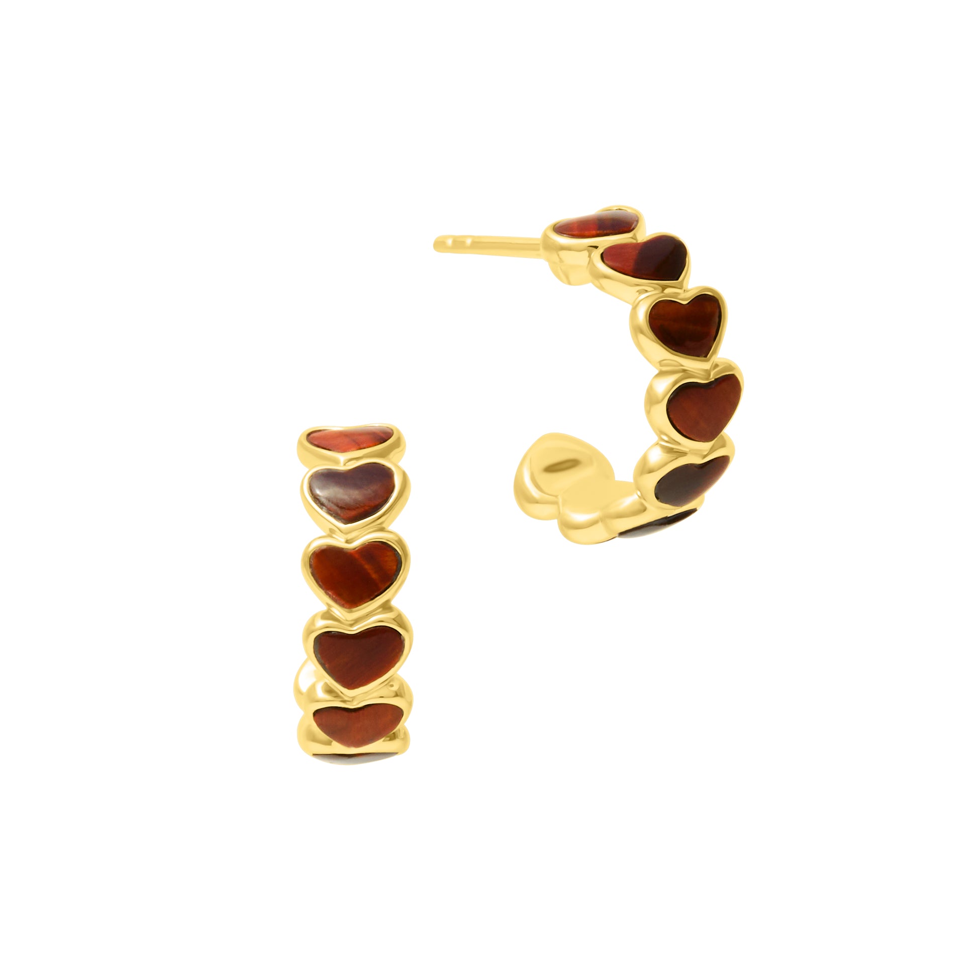 Red tiger's eye heart hoop earrings in gold vermeil 