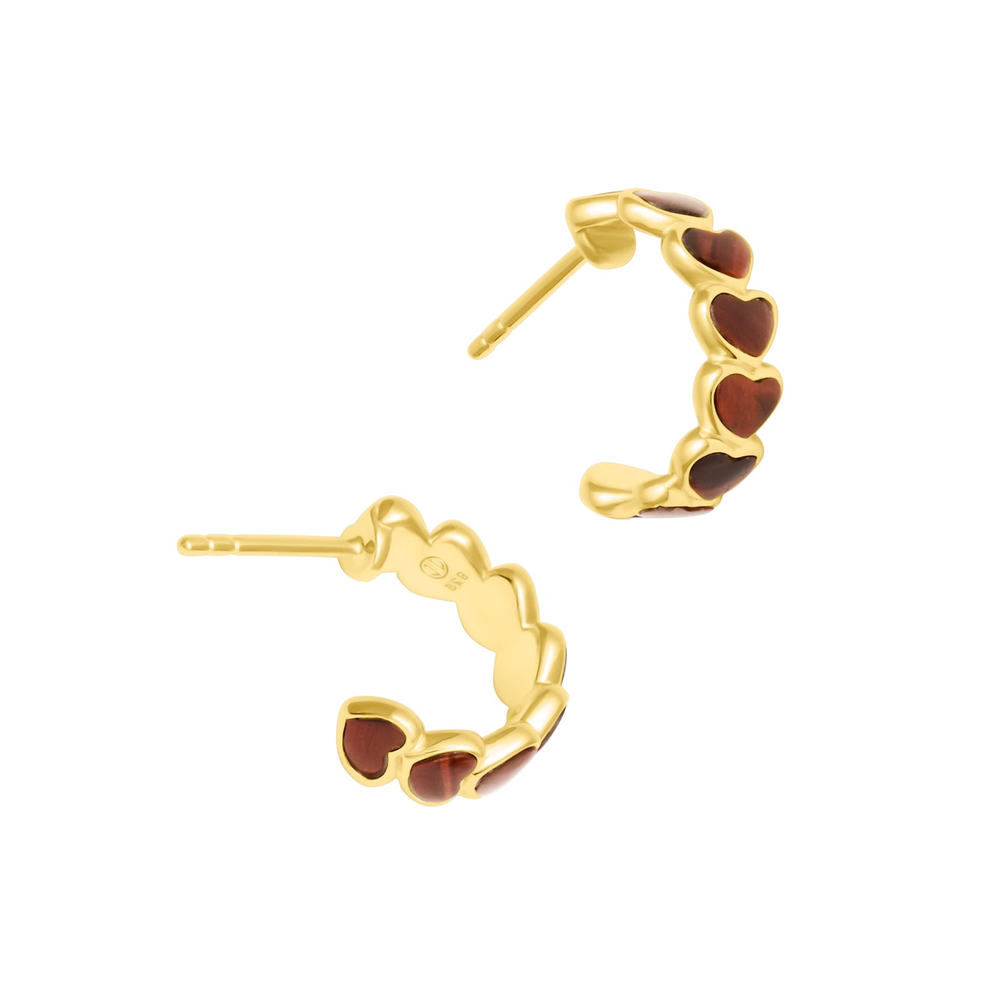 Petite red tiger's eye heart huggie hoop earrings in gold vermeil