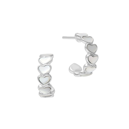 Sterling silver mother-of-pearl heart hoop earrings — a delicate, romantic everyday staple that effortlessly blends classic elegance with modern charm.