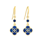 18K gold vermeil malachite petal Seed of Life drop earrings leverback variant pair angled view showing polished gold leverback wire small round malachite accent stone and quatrefoil clover pendant with Seed of Life gold lattice over deep forest green malachite by Jan Leslie