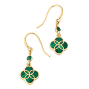 18K gold vermeil malachite petal Seed of Life drop earrings pair angled view showing French wire small round malachite accent stone and quatrefoil clover pendant with Seed of Life gold lattice over deep forest green malachite with vivid emerald banding by Jan Leslie