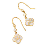 18K gold vermeil white mother-of-pearl petal Seed of Life drop earrings pair alternate angled view showing French wire with small round white MOP accent stone above quatrefoil clover pendant with Seed of Life gold lattice over luminous white MOP by Jan Leslie