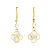 18K gold vermeil white mother-of-pearl petal Seed of Life drop earrings pair alternate view showing French wire small round white MOP accent stone and quatrefoil clover pendant with Seed of Life overlapping circles gold lattice over luminous white iridescent MOP by Jan Leslie