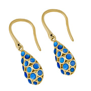 18K gold vermeil blue mother-of-pearl bubble teardrop drop earrings leverback pair face-on view showing full cool blue MOP bubble mosaic and warm gold leverback hoop backs by Jan Leslie