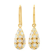 18K gold vermeil white mother-of-pearl bubble teardrop drop earrings pair face-on view showing full white MOP bubble mosaic and warm gold frame by Jan Leslie