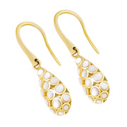 18K gold vermeil white mother-of-pearl bubble teardrop drop earrings pair angled view showing white MOP bubble mosaic warm gold frame and shepherd hook wire backs by Jan Leslie