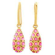 18K gold vermeil pink mother-of-pearl bubble teardrop drop earrings pair face-on view showing full vibrant pink MOP bubble mosaic and warm gold frame by Jan Leslie