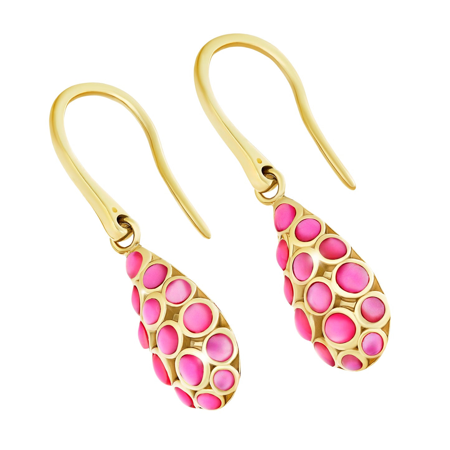 18K gold vermeil pink mother-of-pearl bubble teardrop drop earrings pair angled view showing vibrant pink MOP bubble mosaic warm gold frame and shepherd hook wire backs by Jan Leslie