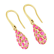 18K gold vermeil pink mother-of-pearl bubble teardrop drop earrings pair angled view showing vibrant pink MOP bubble mosaic warm gold frame and shepherd hook wire backs by Jan Leslie