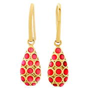 Pair of gold teardrop drop earrings with multi-circle pattern red coral cabochon inlay on gold kidney wire hooks