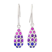 Sterling silver purple blue ombre bubble teardrop drop earrings pair face-on view showing pink-purple violet and cobalt blue ombre MOP circle tile mosaic and shepherd hook wire backs by Jan Leslie.