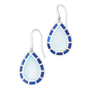 Sterling silver teardrop drop earrings with pale blue chalcedony center and cobalt blue enamel tile border by Jan Leslie.