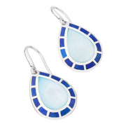 Sterling silver teardrop drop earrings with pale blue chalcedony center and cobalt blue enamel tile border by Jan Leslie.