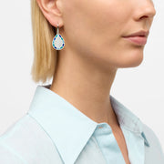 Model wearing sterling silver teardrop mother-of-pearl and multi-blue enamel mosaic drop earrings by Jan Leslie.