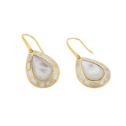 Pear Mother-of-Pearl Center & Mother-of-Pearl Mosaic Halo Inlay 18K Gold French Hook Drop Earrings — Product View - Jan Leslie 
