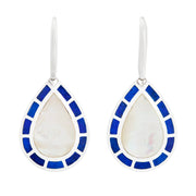 Sterling silver teardrop drop earrings with white mother-of-pearl center and cobalt blue enamel tile border by Jan Leslie.