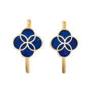  18K gold vermeil lapis lazuli petal quatrefoil J-hoop earrings pair face-on view showing deep royal blue lapis lazuli inlay and Seed of Life gold geometric overlay by Jan Leslie