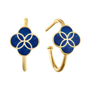 18K gold vermeil lapis lazuli petal quatrefoil J-hoop earrings pair angled view showing deep royal blue lapis inlay Seed of Life gold overlay and J-hoop with post-and-butterfly back by Jan Leslie