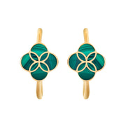 Pair of gold huggie hoop earrings with quatrefoil clover-shaped turquoise stone inlay and gold petal overlay, showing front and side profile views