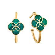 Pair of gold huggie hoop earrings with quatrefoil clover-shaped turquoise stone inlay and gold petal overlay pattern, front view"