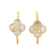 18K gold vermeil white mother-of-pearl petal quatrefoil J-hoop earrings pair face-on view showing luminous white iridescent MOP inlay and Seed of Life gold geometric overlay by Jan Leslie