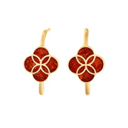 18K gold vermeil red coral petal quatrefoil J-hoop earrings pair face-on view showing deep brick red natural coral inlay and Seed of Life gold geometric overlay by Jan Leslie