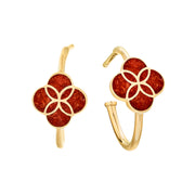18K gold vermeil red coral petal quatrefoil J-hoop earrings pair angled view showing deep brick red coral inlay Seed of Life gold overlay and J-hoop post-and-butterfly back by Jan Leslie