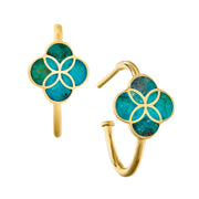 18K gold vermeil turquoise petal quatrefoil J-hoop earrings pair angled view showing vibrant turquoise inlay Seed of Life gold overlay and polished gold J-hoop detail by Jan Leslie