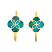 18K gold vermeil turquoise petal quatrefoil J-hoop earrings pair face-on view showing vibrant turquoise inlay and Seed of Life overlapping circles gold geometric overlay by Jan Leslie