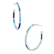 Sterling Silver Large Round Hoop Earrings with Segmented Lapis Turquoise and Blue Chalcedony Dash Inlay