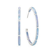 Sterling silver large hoop earrings with blue mother-of-pearl rectangular station inlay by Jan Leslie.