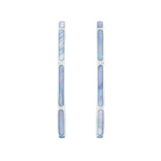 Sterling silver blue mother-of-pearl station hoop earrings shown flat displaying inner and outer profile by Jan Leslie.