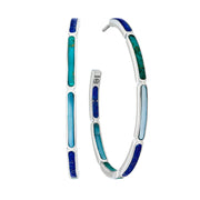 Sterling Silver Large Round Hoop Earrings with Segmented Lapis Turquoise and Blue Chalcedony Dash Inlay